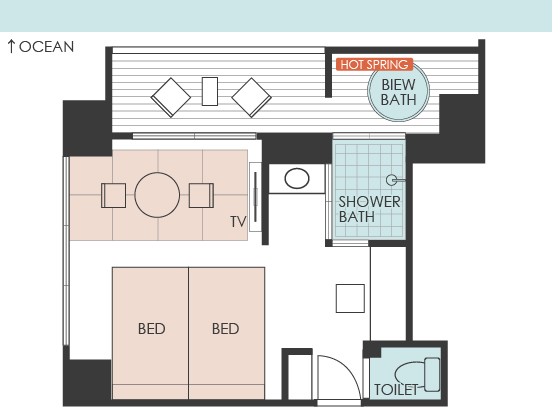 【プレミアムオーシャンスイート和洋室】37㎡＋専用テラス8㎡ 信楽焼露天風呂 禁煙間取り図