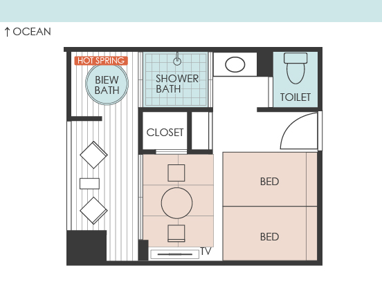 【洋モダンスーペリア和洋室】23㎡＋専用テラス8㎡ 信楽焼露天風呂 禁煙間取り図